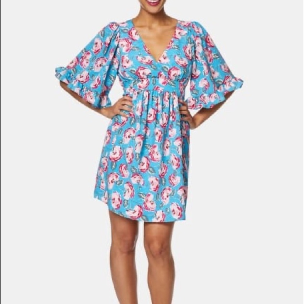 BETSEY JOHNSON Aqua Bell Sleeve rose print Mini Dress